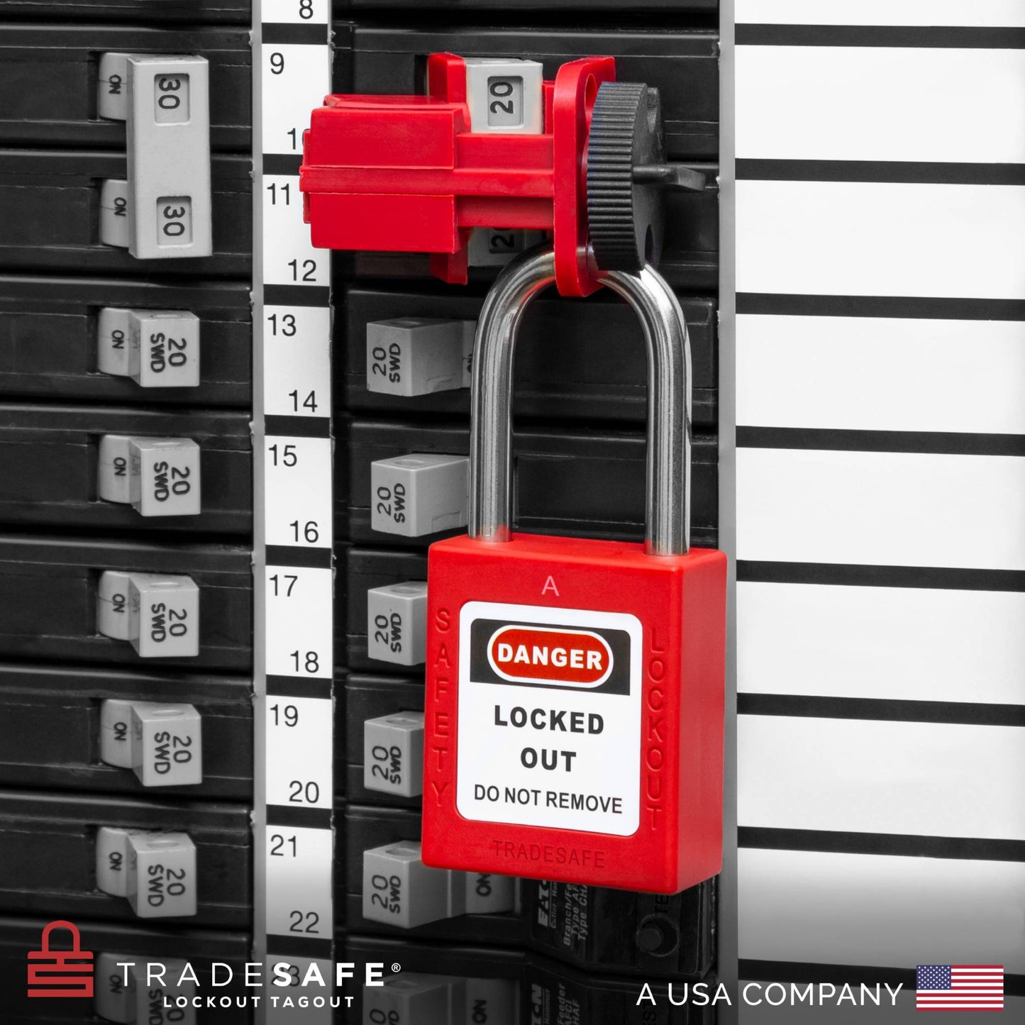 a red loto padlock in use along with a universal multipole circuit breaker lock