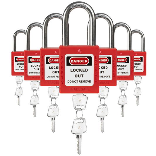 seven red loto padlocks, each with two keys and a letter A code on both the lock body and the keys