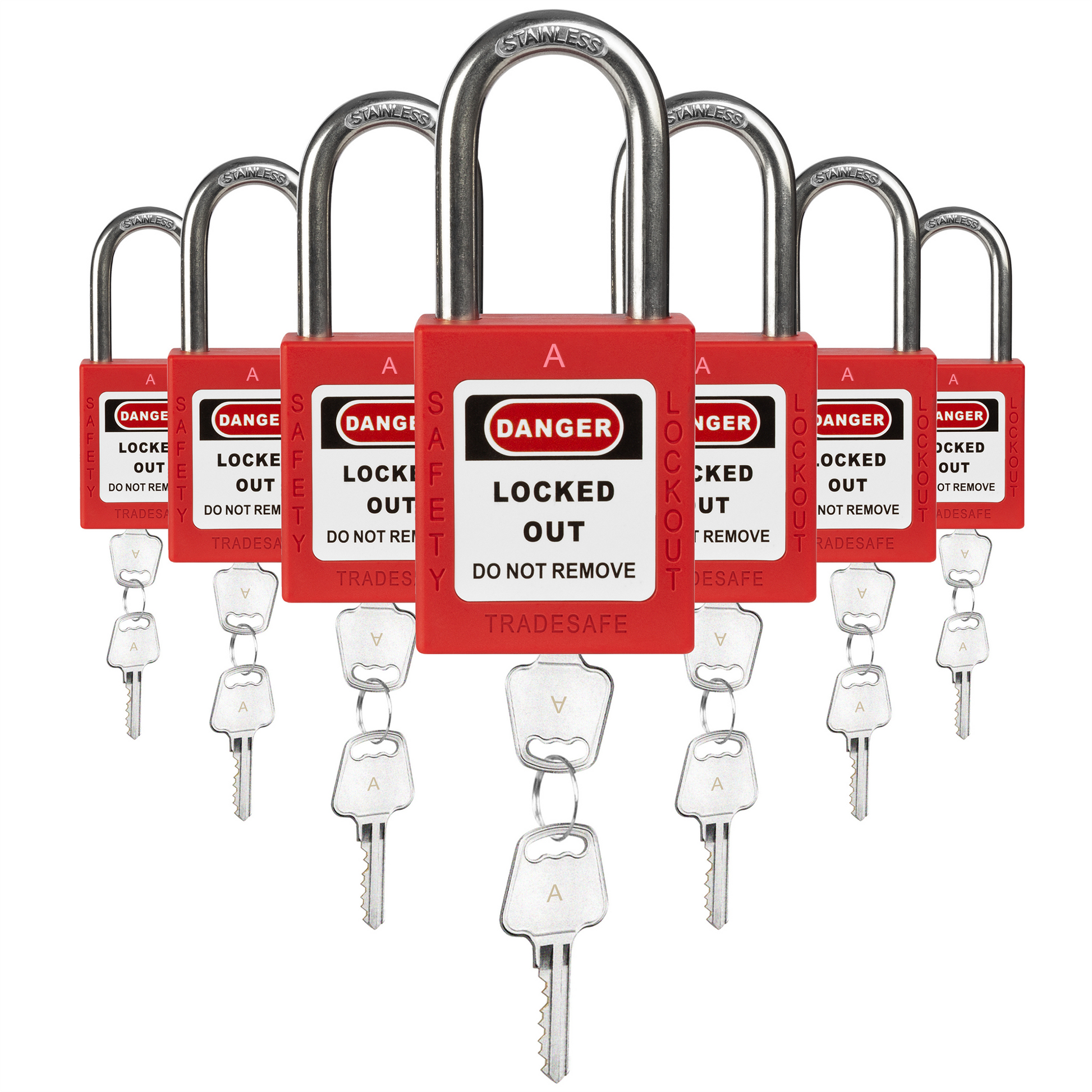 seven red loto padlocks, each with two keys and a letter A code on both the lock body and the keys