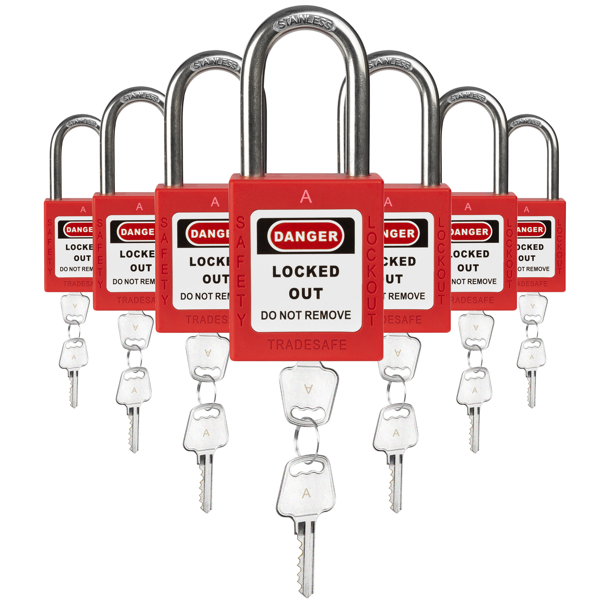 Keyed Alike Unlimited Lockout Locks - 7 Red Padlocks - 2 Keys Per Lock