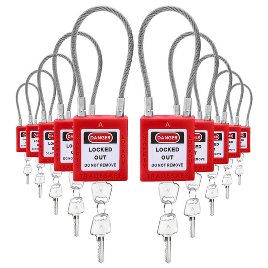 10-pack red cable shackle loto padlocks