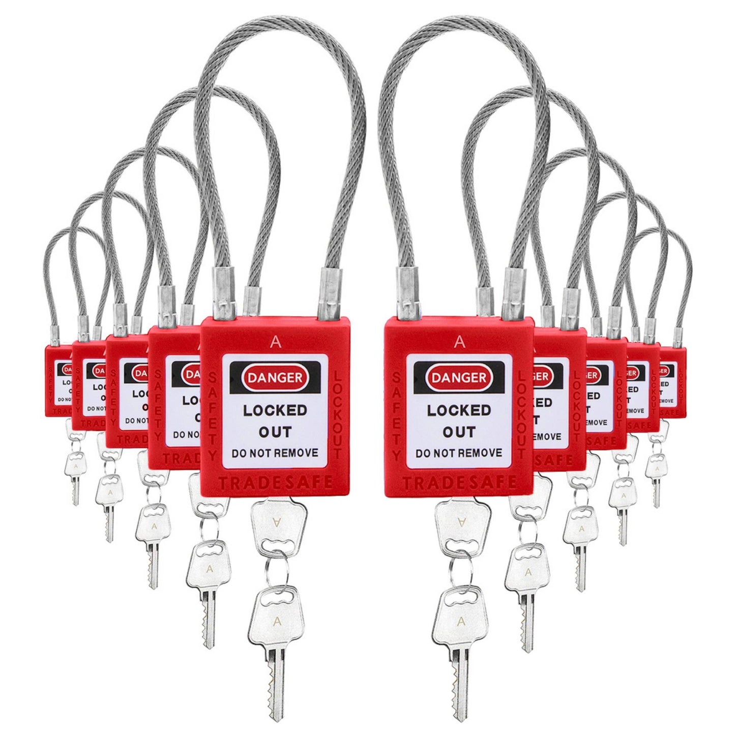 10-pack red cable shackle loto padlocks