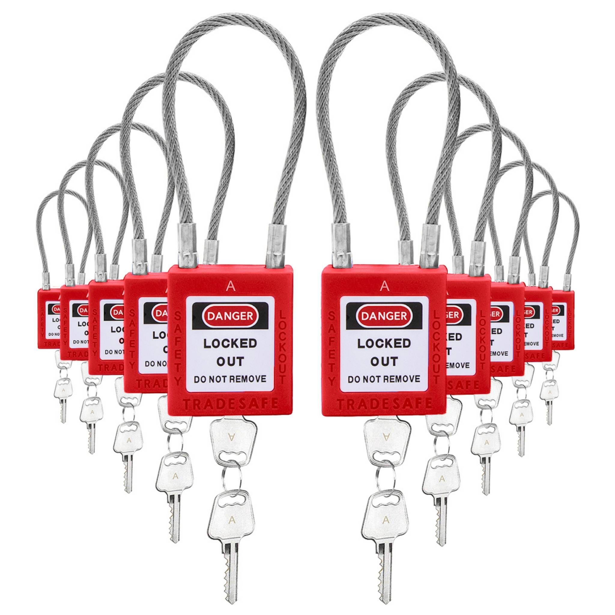 Keyed Alike Unlimited Cable Padlocks - 10 Red Locks - 2 Keys Per Lock