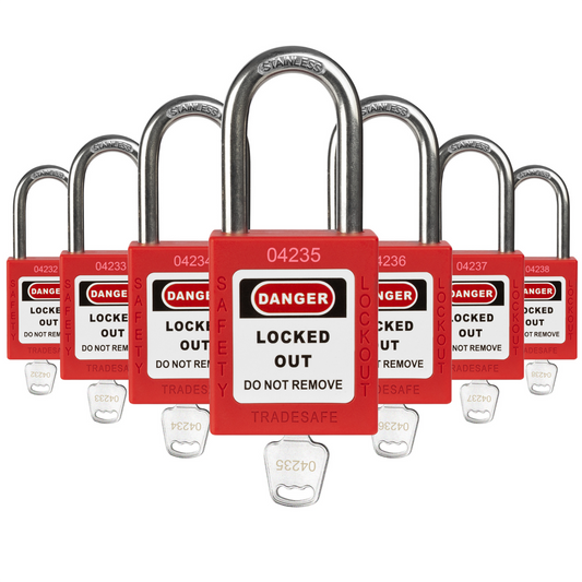 seven red loto padlocks, each with one key and a unique five-digit code engraved in both keys and padlock body