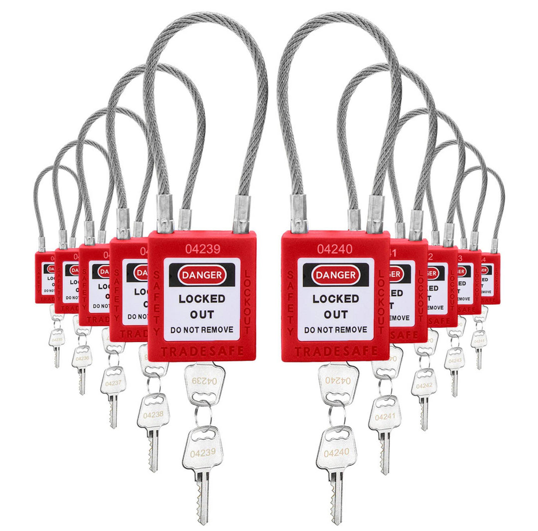 Red Keyed Different Cable Lockout Locks - 2 Keys, 10 Pack | TRADESAFE