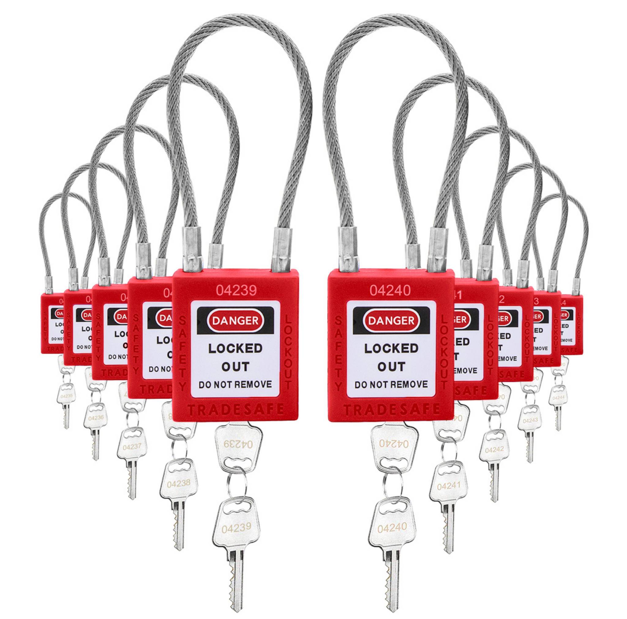 Candados de bloqueo de seguridad con grilletes de cable - 10 llaves diferentes - Rojo - 2 llaves por candado