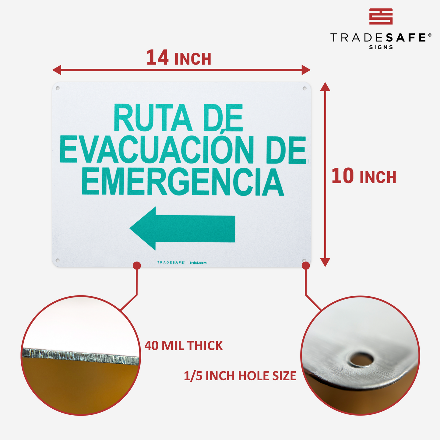 dimensions of ruta de evacuación de emergencia sign with left arrow