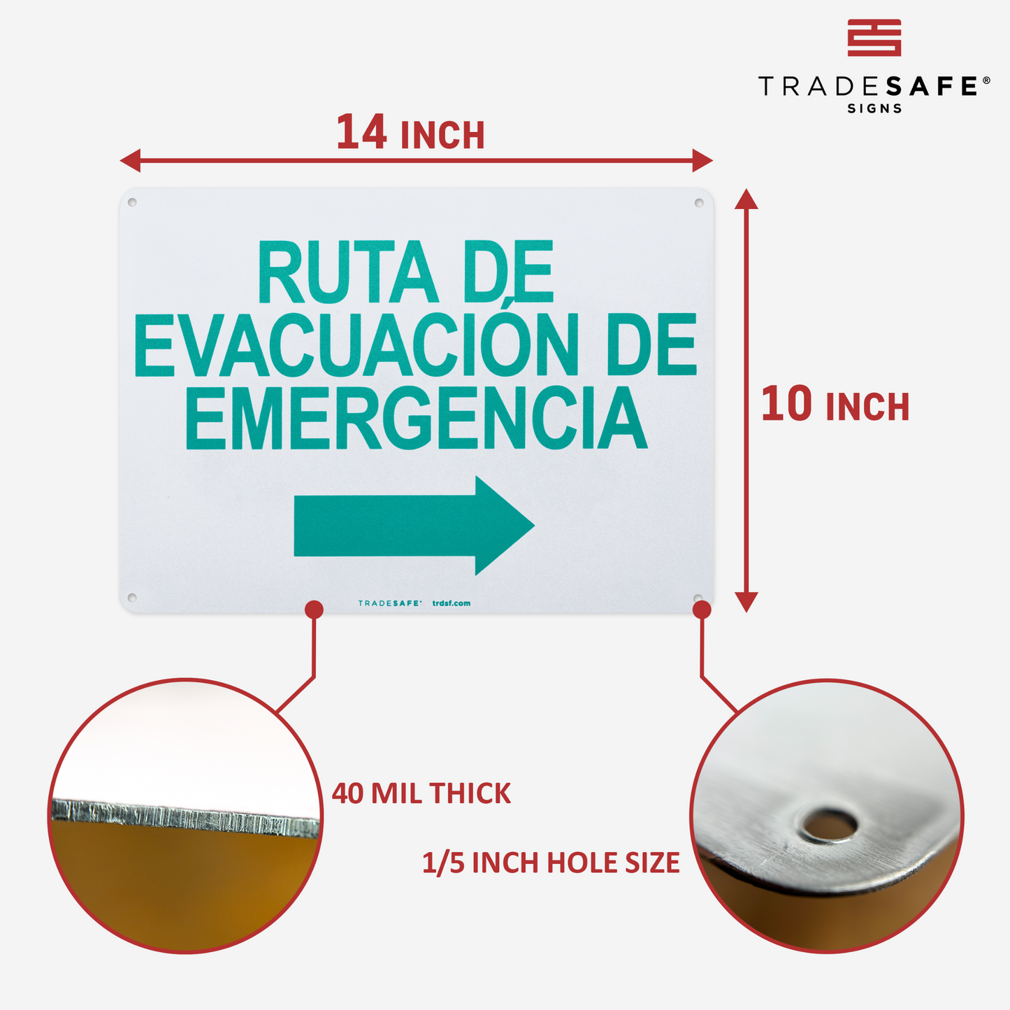 dimensions of "ruta de evacuación de emergencia" sign