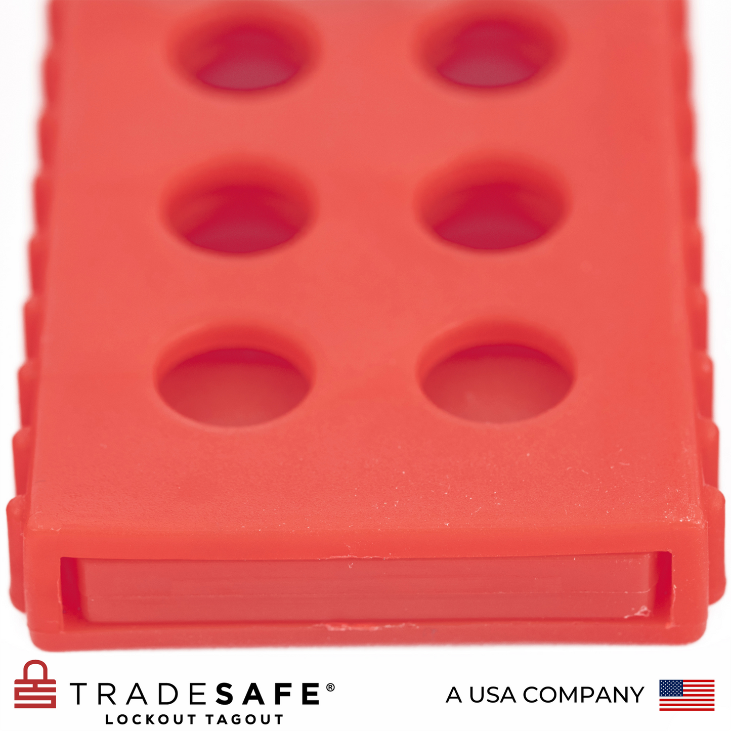 close up view of the body of the plastic red lockout tagout hasp featuring the bottom part