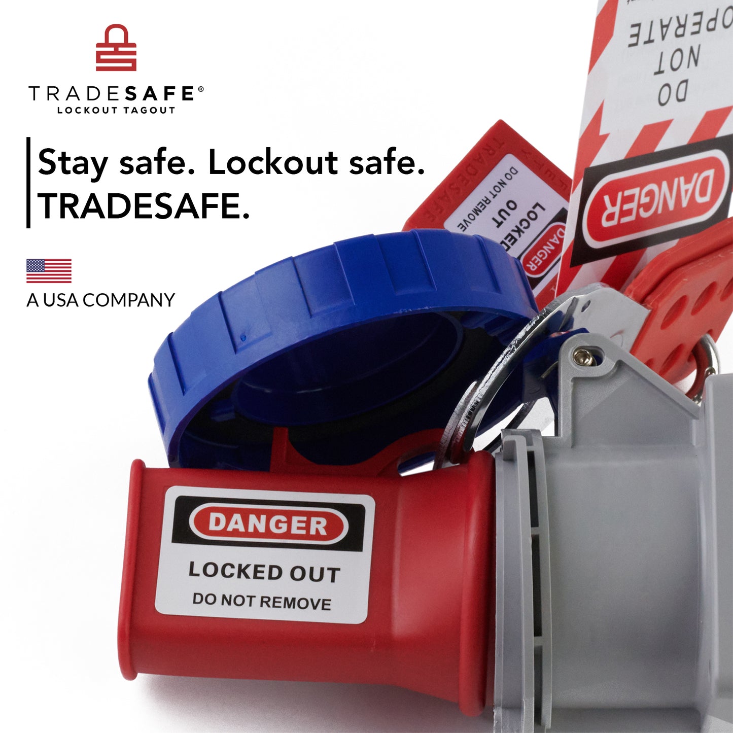 lockout tagout branding image; stay safe lockout safe tradesafe