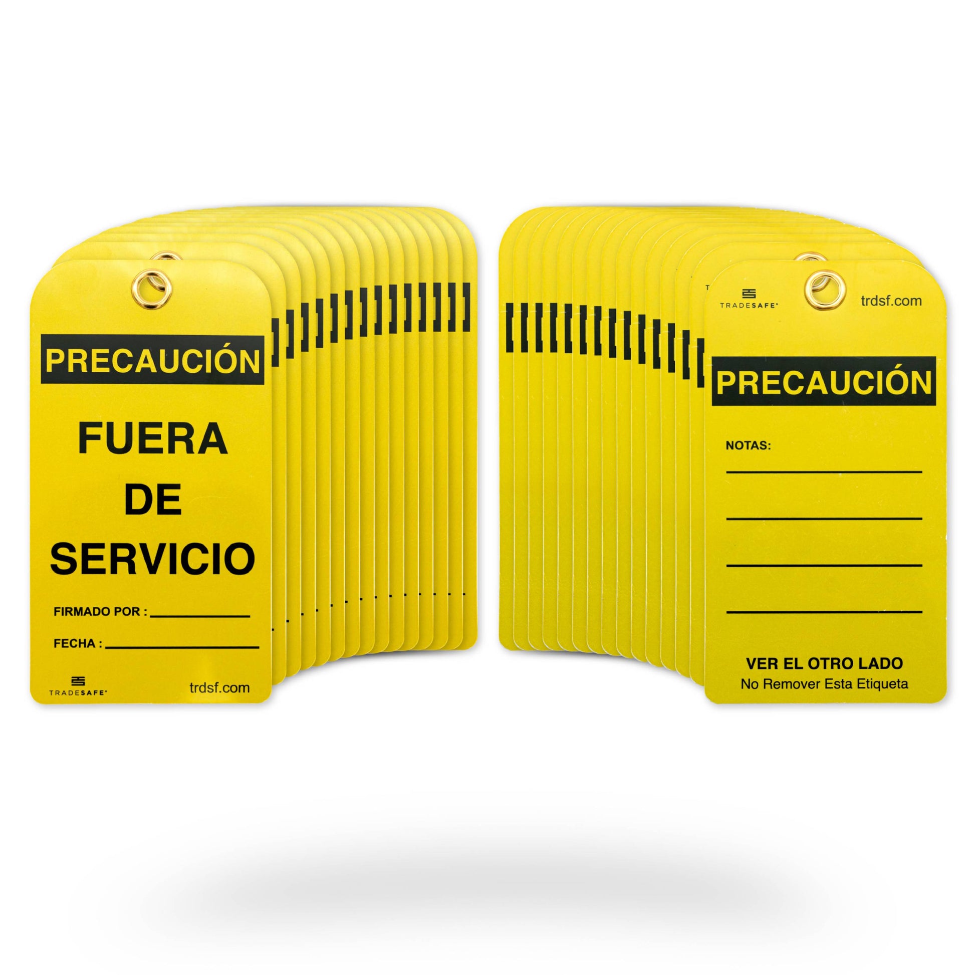 eye-level view of caution out of service tags in 30 pack showing its front and back tags