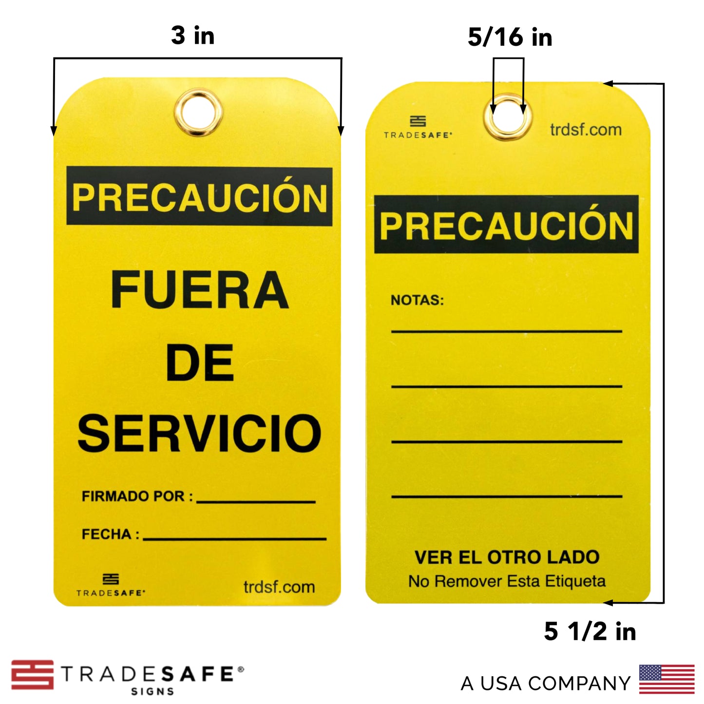 front and back view of spanish caution out of service tags with its dimensions