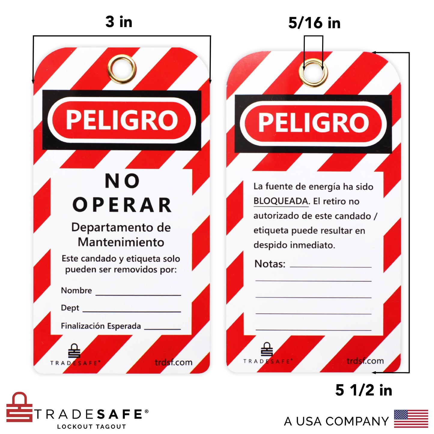 front and back view of spanish lockout tagout danger tags with its dimensions