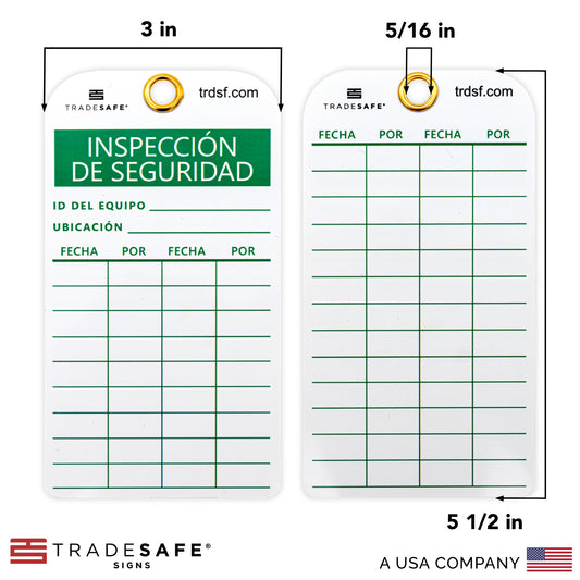 front and back view of spanish safety inspection tags with its dimensions