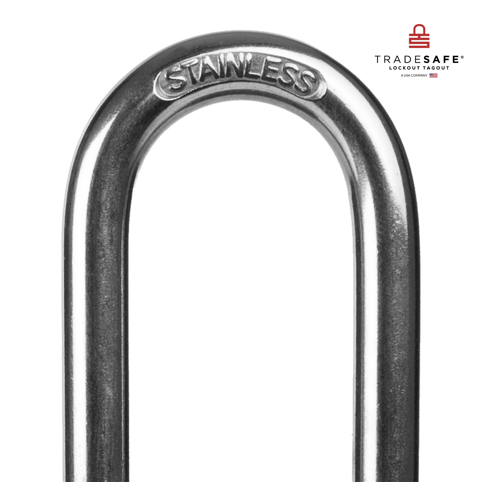 a close-up view of a loto padlock's stainless steel shackle  