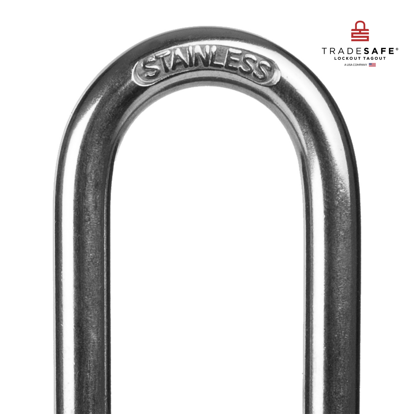 a close-up view of a loto padlock's stainless steel shackle