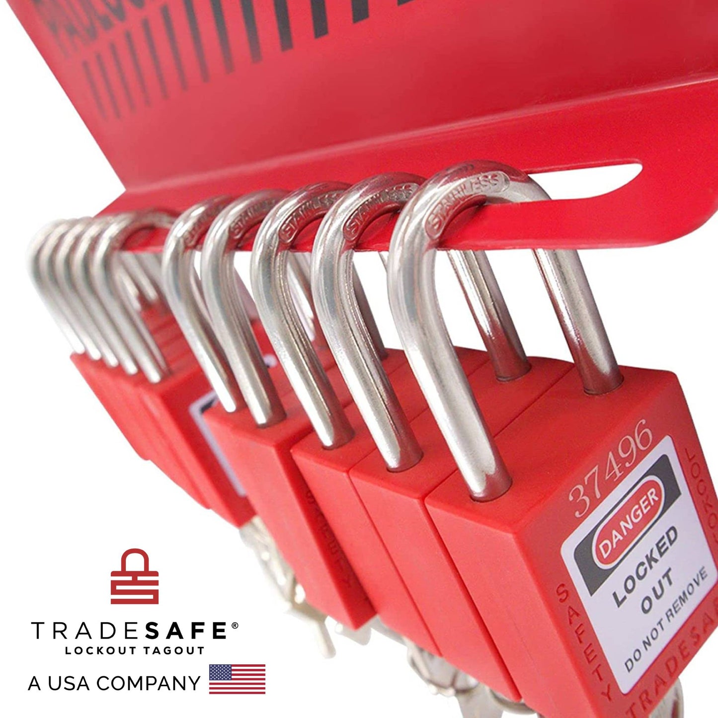 close-up view of a red padlock station stocked with 10 padlocks with 2 keys each
