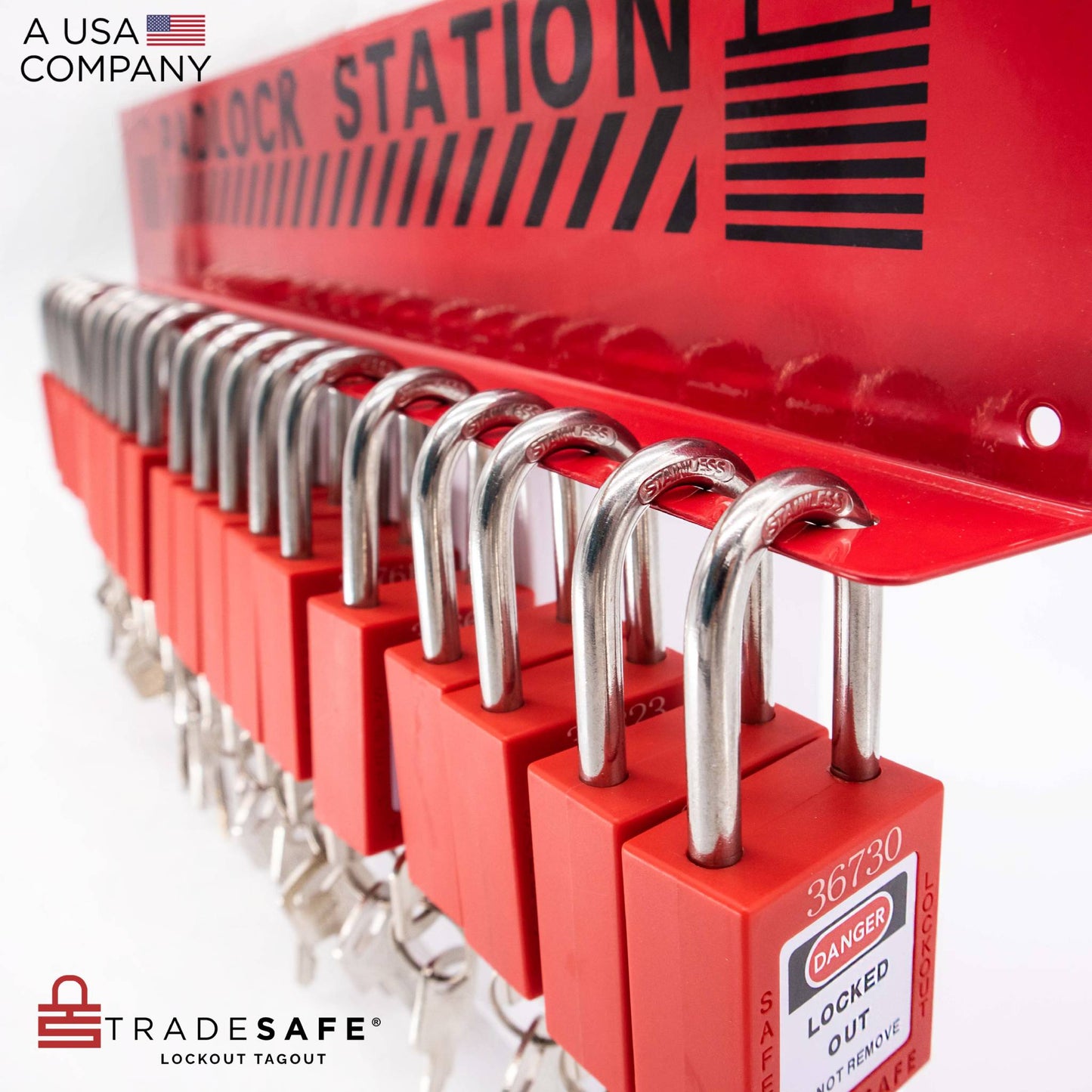 close-up view of a red padlock station stocked with 20 padlocks with 2 keys each