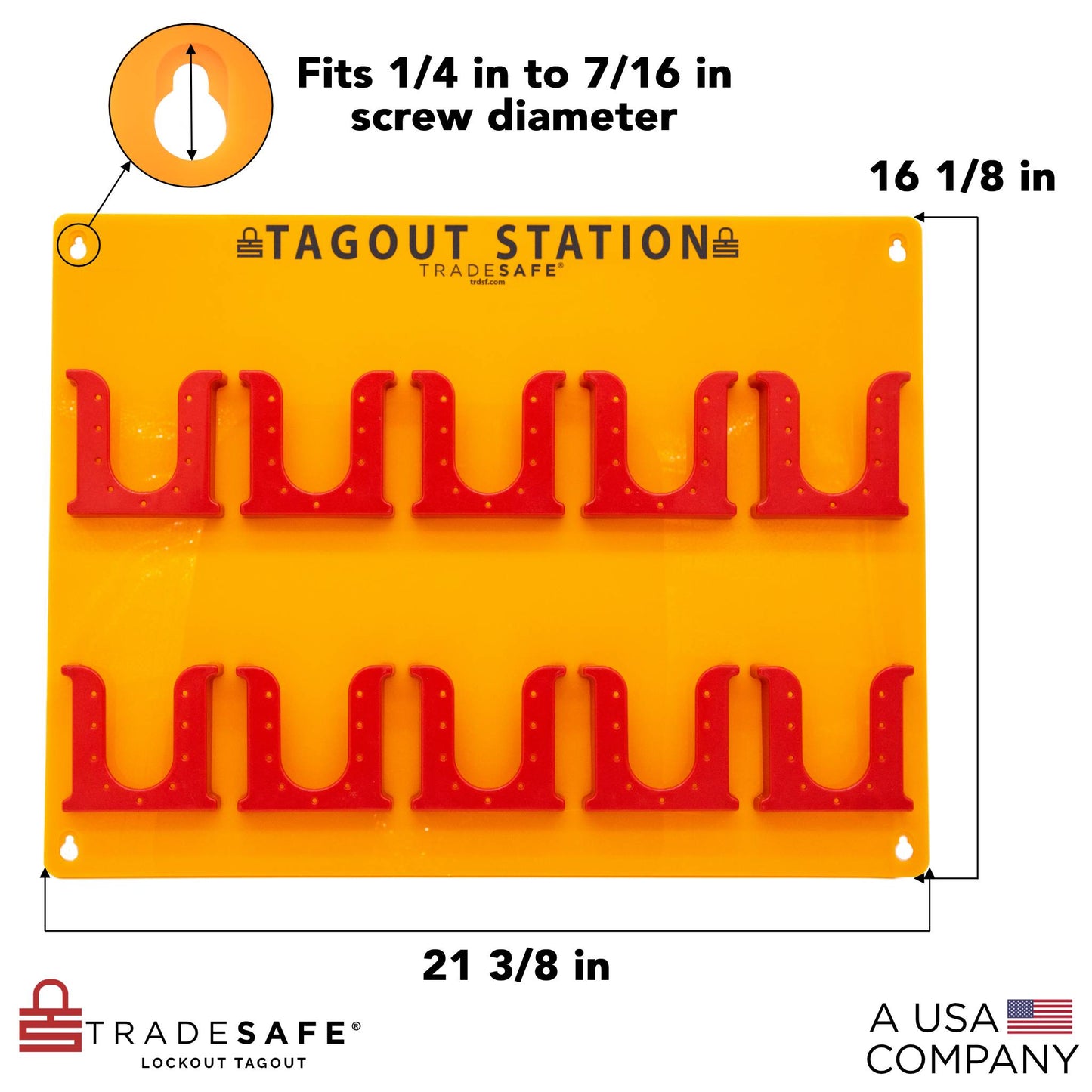 close-up view of an orange tag station with dimensions of the red tag box and thickness of the station board