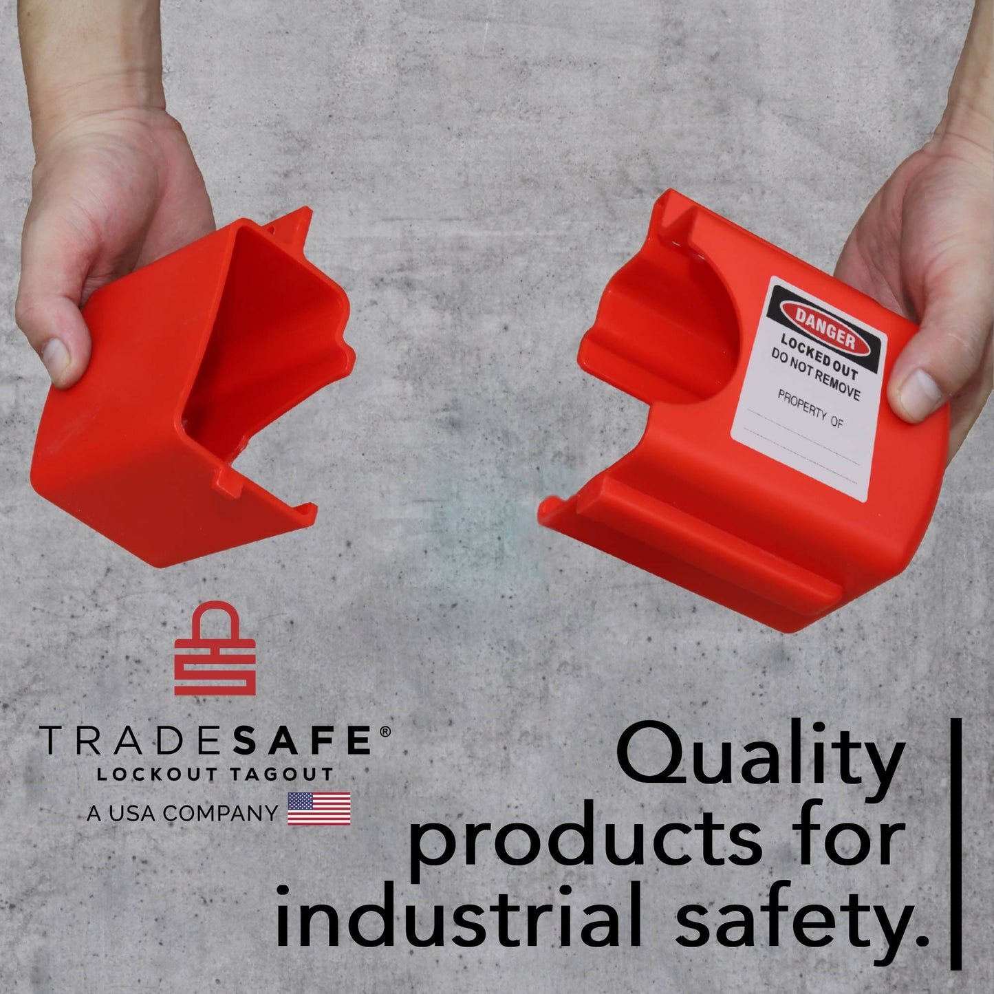 tradesafe lockout tagout adjustable flanged valve in-use with text; quality products for industrial safety