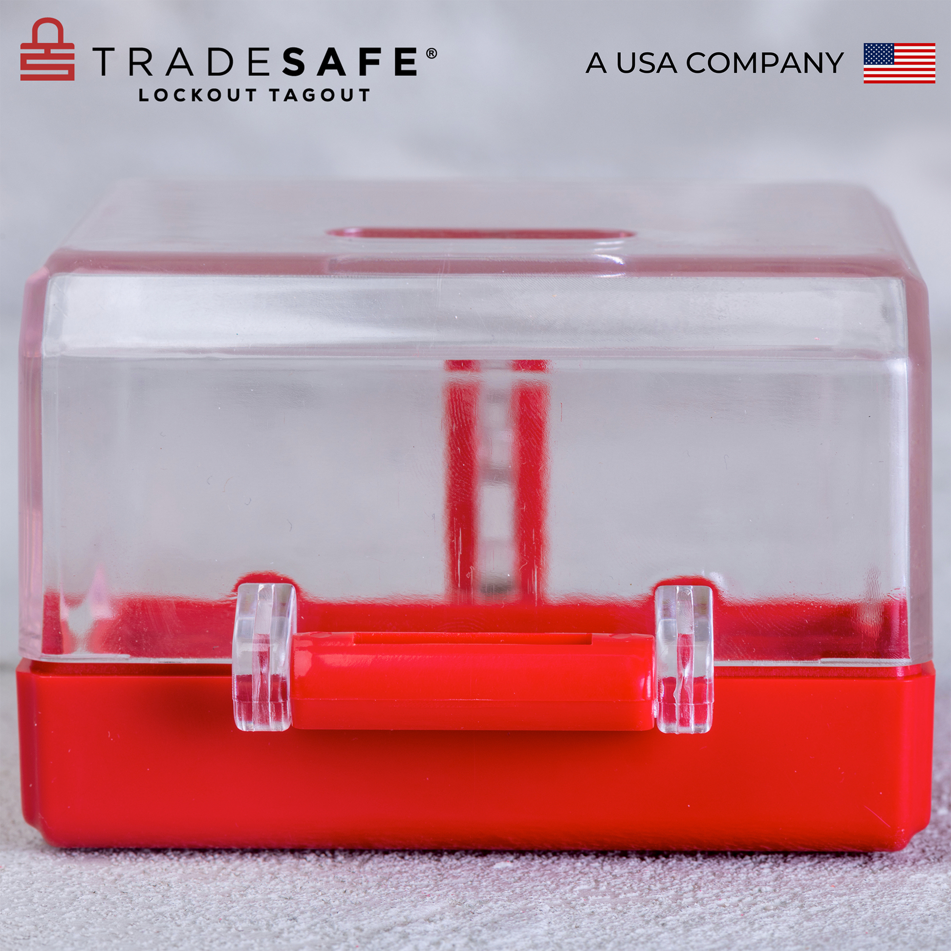 front and close up view of box type emergency button lockout cover