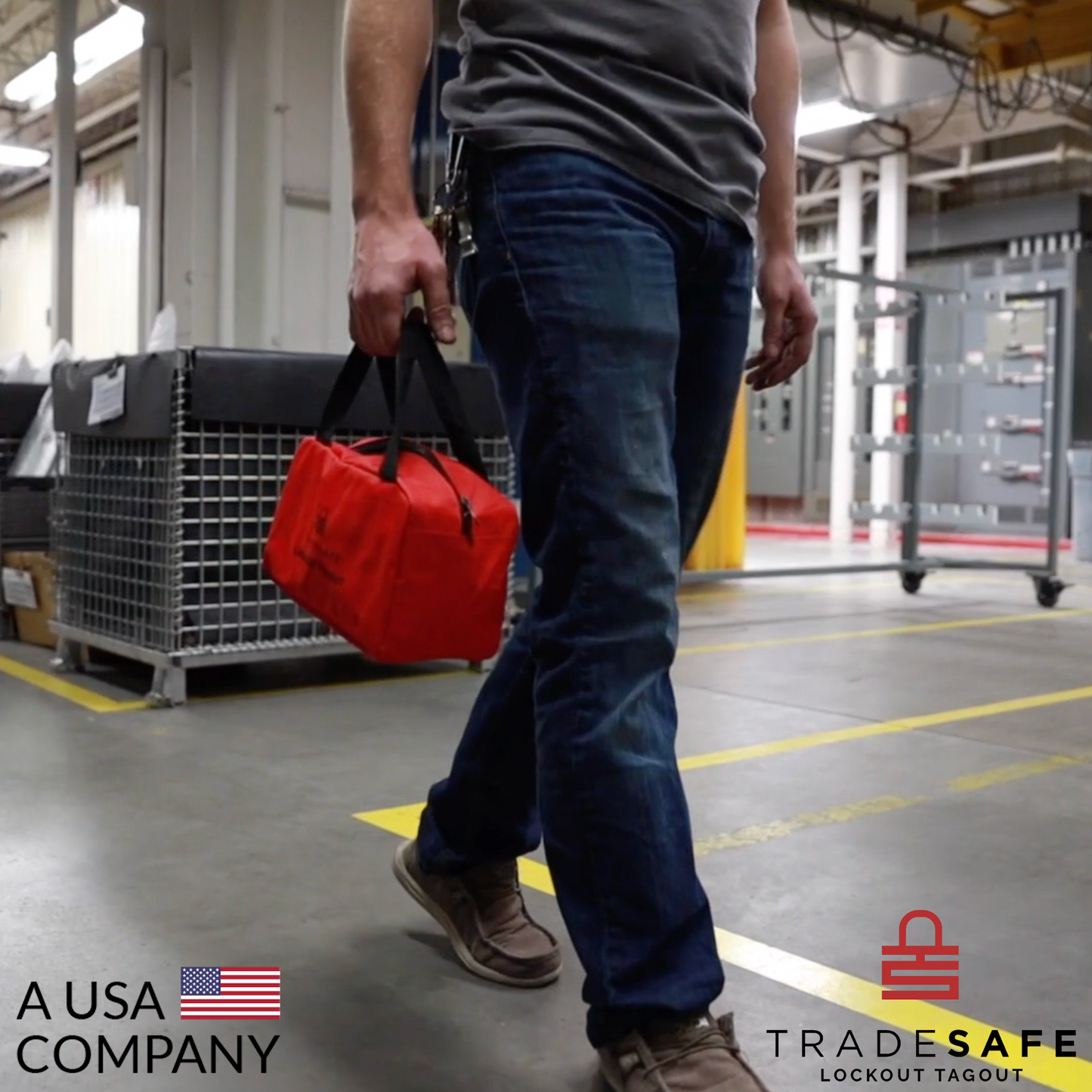 illustration of a man carrying the lockout tagout kit bag