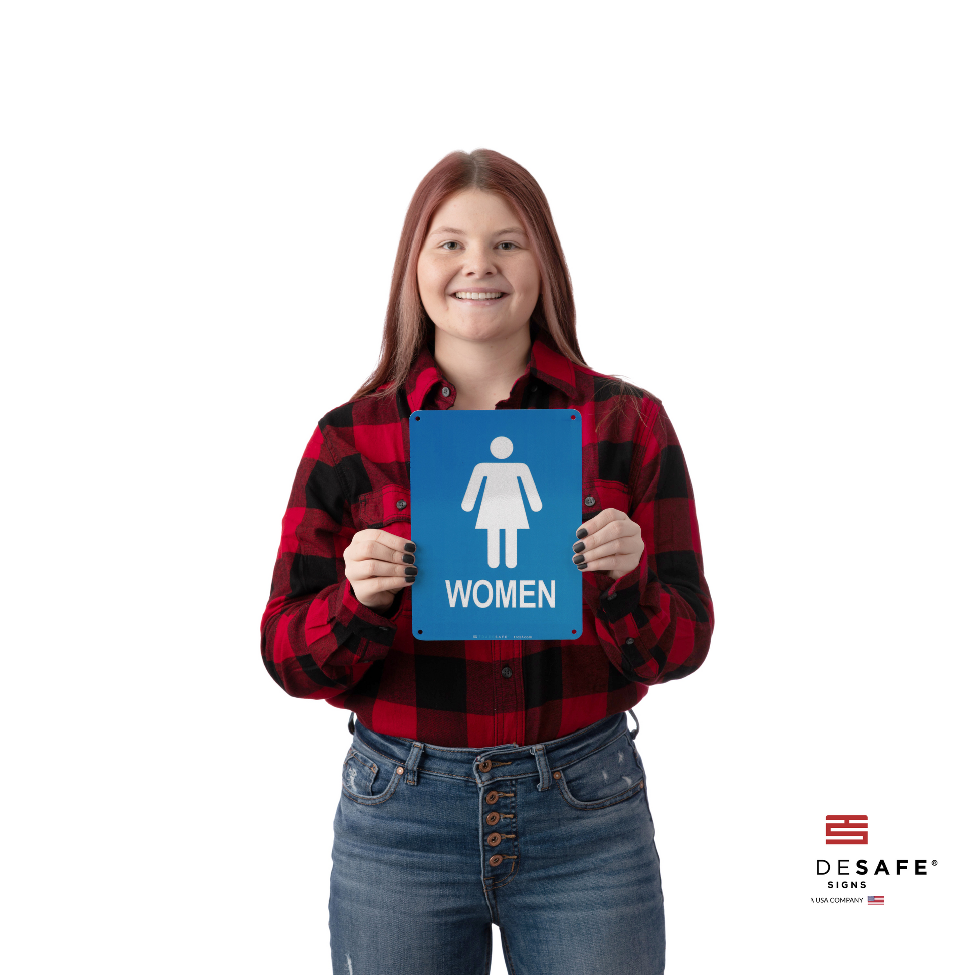 a person holding the women's restroom sign