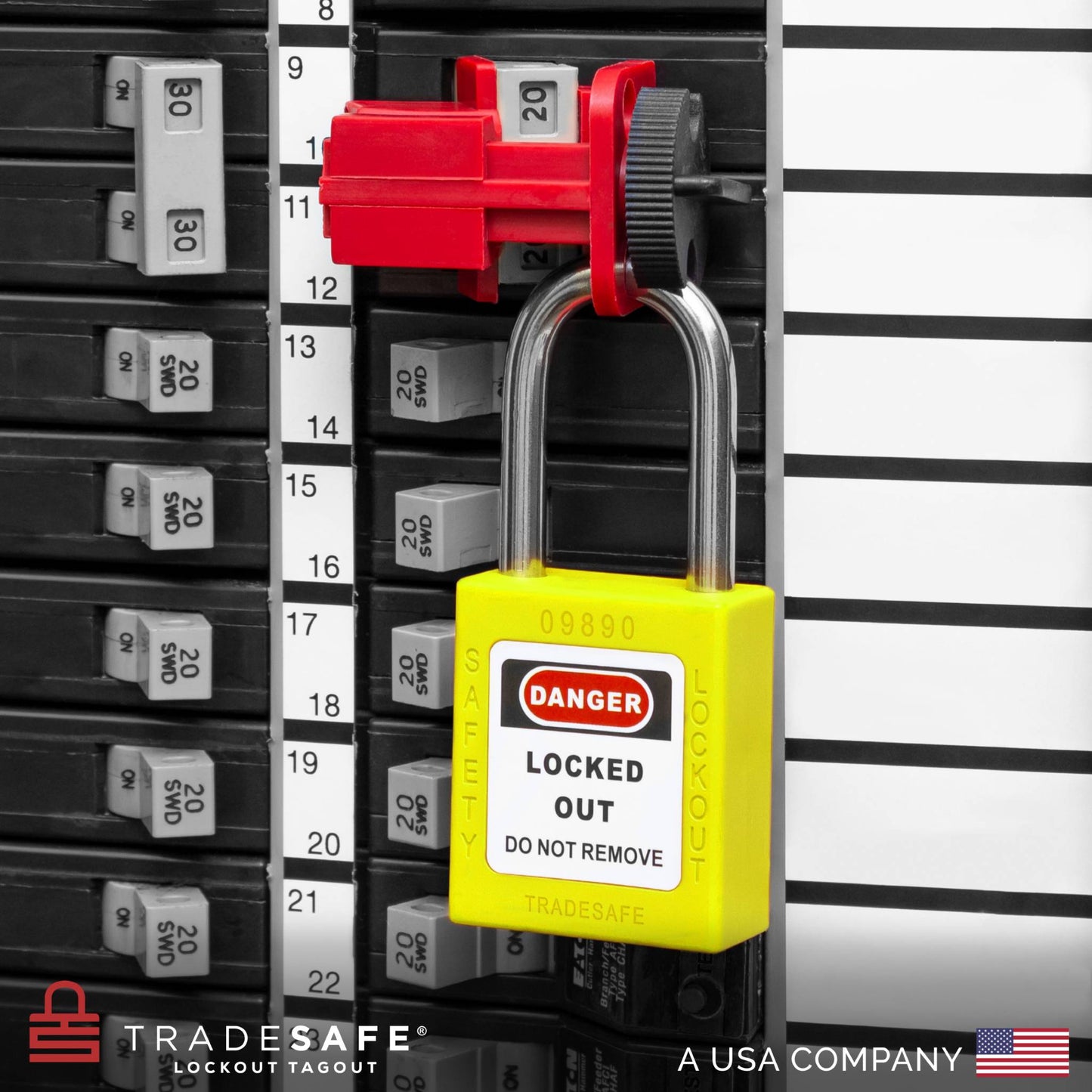 a yellow loto padlock in use along with a universal multipole circuit breaker lock