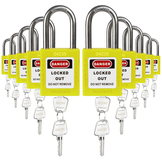 ten yellow loto padlocks, each with two keys and a uniform five-number code on both the lock body and the keys 