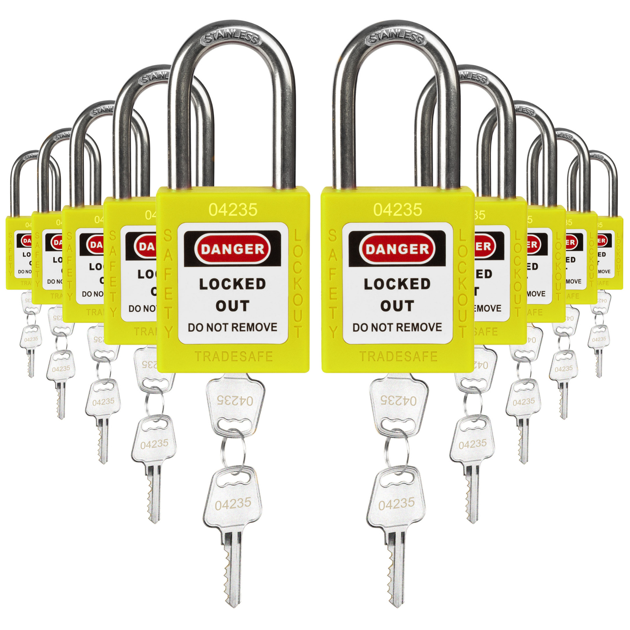 Keyed Alike Lockout Locks - 10 Yellow Padlocks - 2 Keys Per Lock