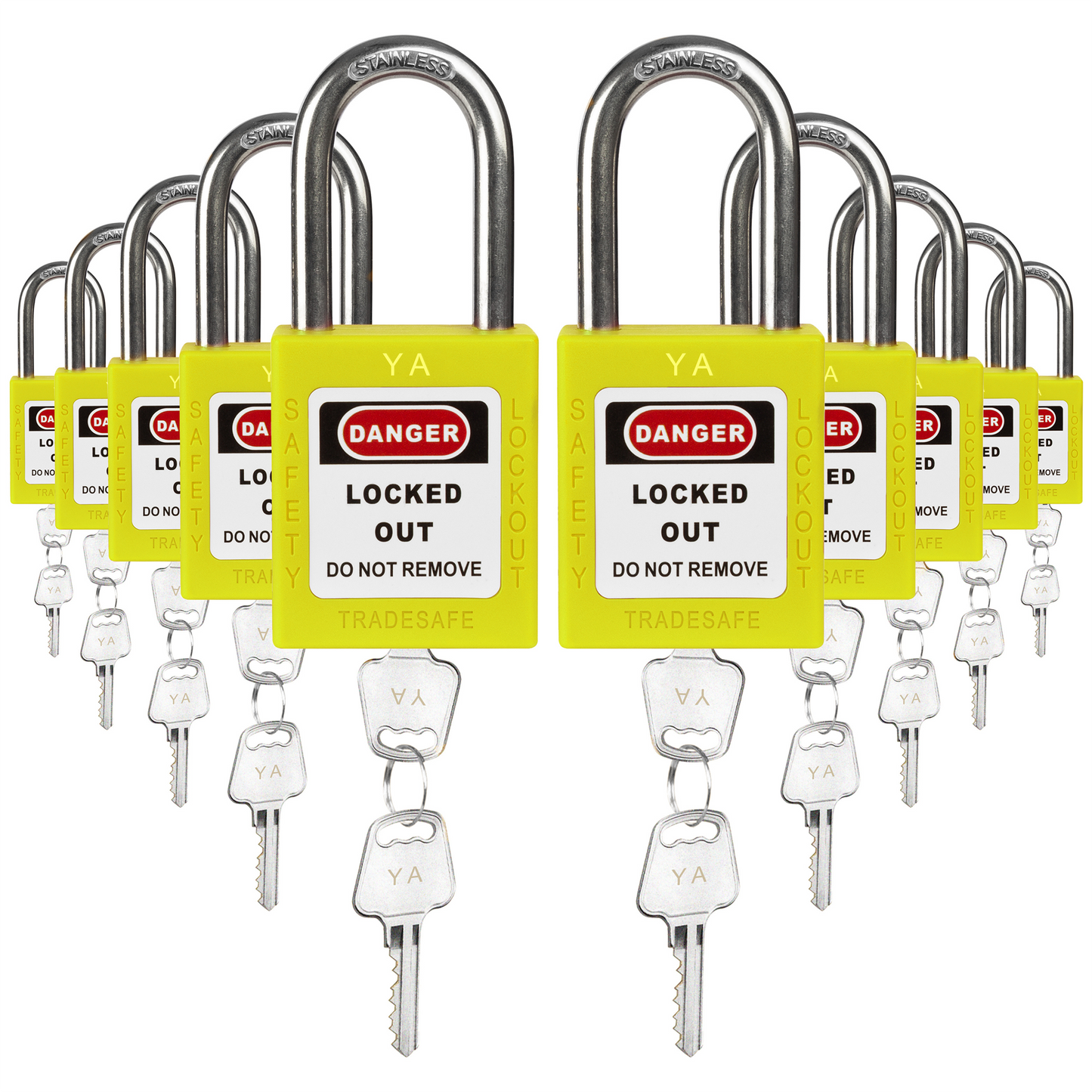 ten yellow loto padlocks, each with two keys and a YA letter code on both the lock body and the keys
