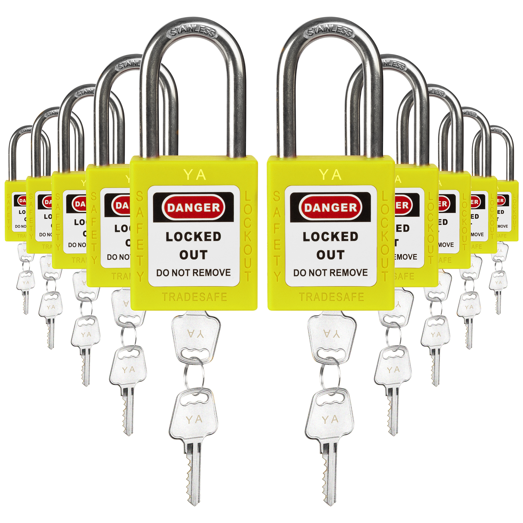 Keyed Alike Unlimited Lockout Locks - 10 Yellow Padlocks - 2 Keys Per Lock