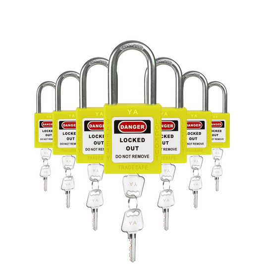 seven yellow loto padlocks, each with two keys and a YA letter code on both the lock body and the keys