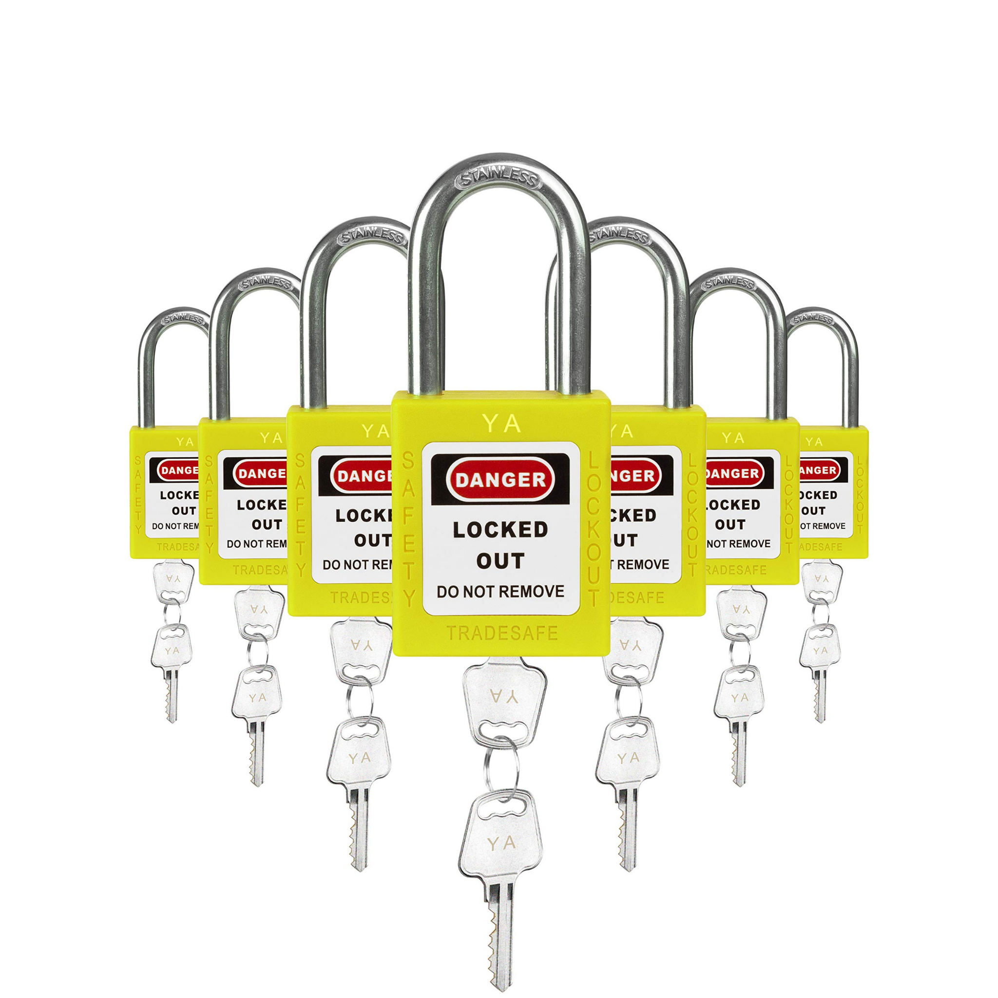 Keyed Alike Unlimited Lockout Locks - 7 Yellow Padlocks - 2 Keys Per Lock